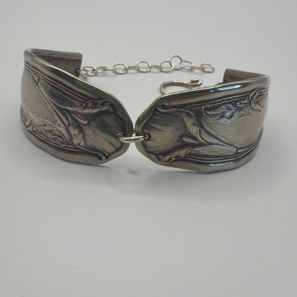 Vintage Silver Flatware Bracelet Floral Art Nouveau Spoon Handle Cuff Calla Lily - Picture 3 of 15